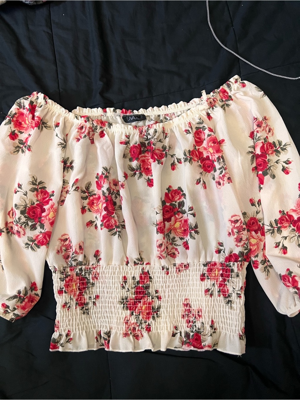 Floral Off-Shoulder Smocked Women's Top - White with Pink Rose Print